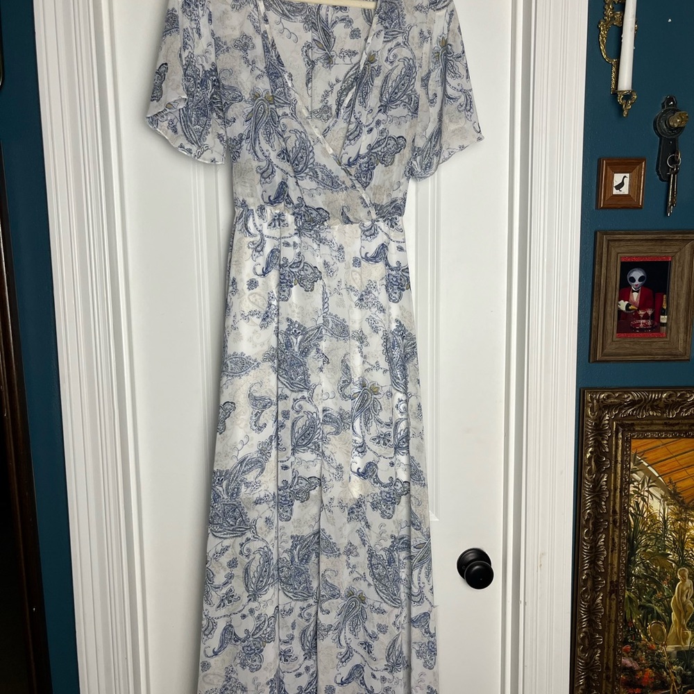 Blue and White Maxi Wrap Dress with Flutter Sleeves
